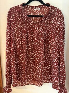 HT Floral Peasant Blouse XXL Burgundy Long Sleeve Boho Cottagecore Top